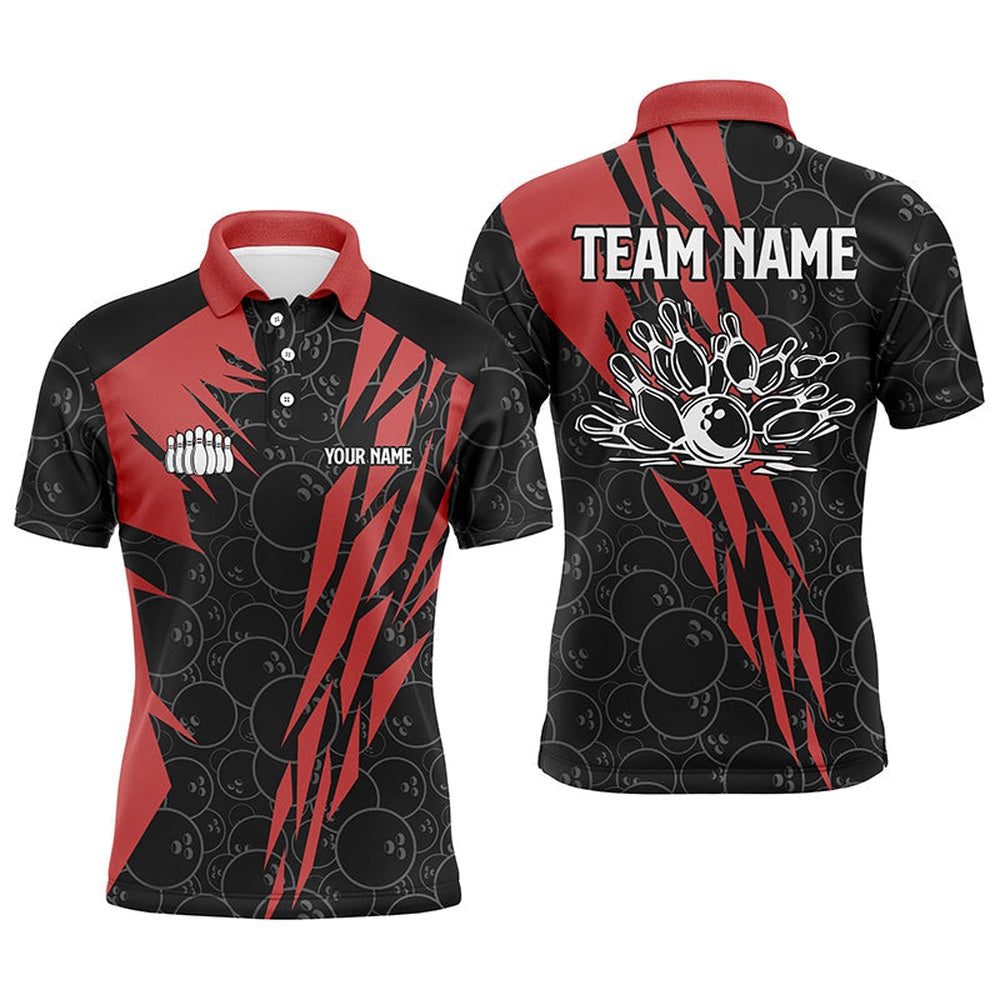 Custom Bowling Polo Shirts, Black Bowling Camo Mens Polo Bowling Shirt Custom Bowling Strike Team League Jerseys Red