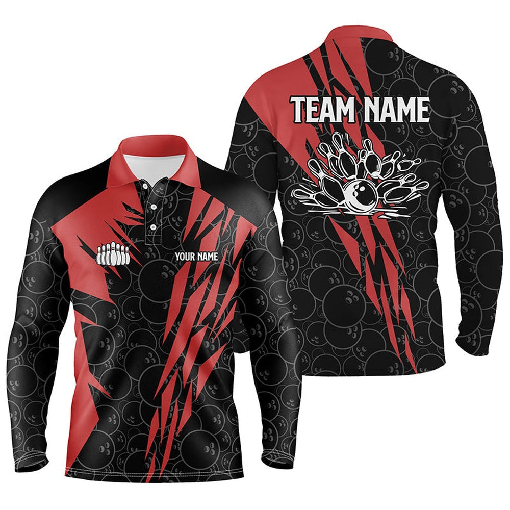 Custom Bowling Polo Shirts, Black Bowling Camo Mens Polo Bowling Shirt Custom Bowling Strike Team League Jerseys Red