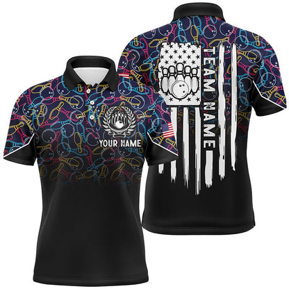 Custom Bowling Polo Shirts, Black Bowling Camo Mens Polo Bowling Shirts Custom American Flag Patriotic Bowling Team League Jerseys