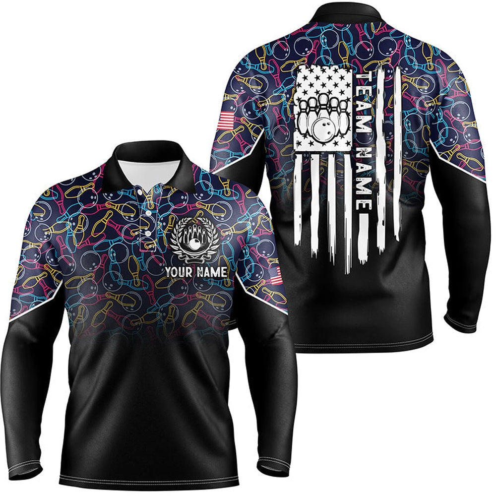 Custom Bowling Polo Shirts, Black Bowling Camo Mens Polo Bowling Shirts Custom American Flag Patriotic Bowling Team League Jerseys