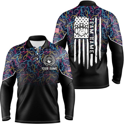 Custom Bowling Polo Shirts, Black Bowling Camo Mens Polo Bowling Shirts Custom American Flag Patriotic Bowling Team League Jerseys