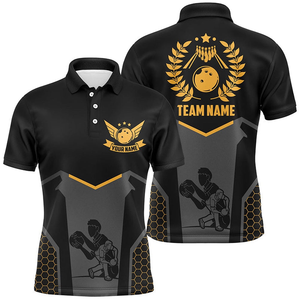 Custom Bowling Polo Shirts, Black Bowling Jersey For Men Custom Retro Bowling Polo Shirt For Team Bowlers Yellow
