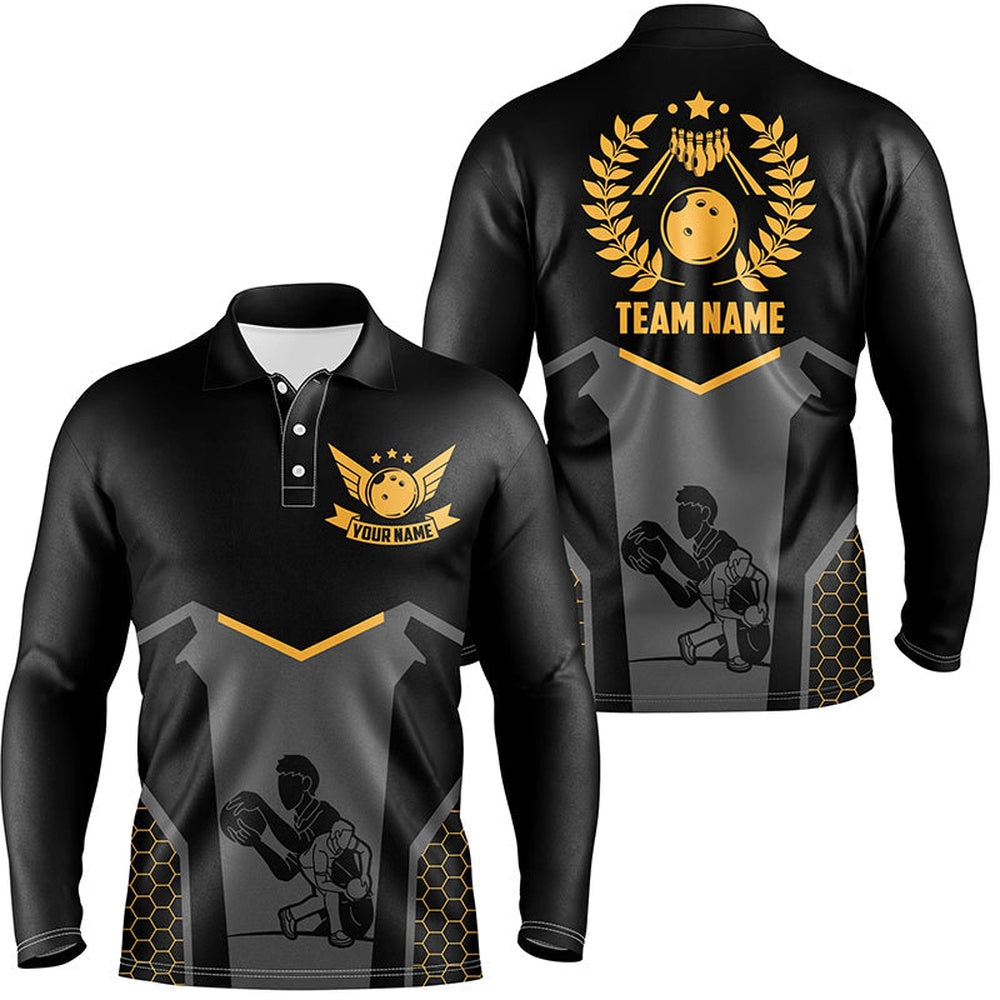 Custom Bowling Polo Shirts, Black Bowling Jersey For Men Custom Retro Bowling Polo Shirt For Team Bowlers Yellow