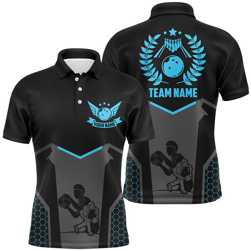 Custom Bowling Polo Shirts, Black Bowling Jersey For Men Custom Retro Bowling Shirts For Team Bowlers Blue