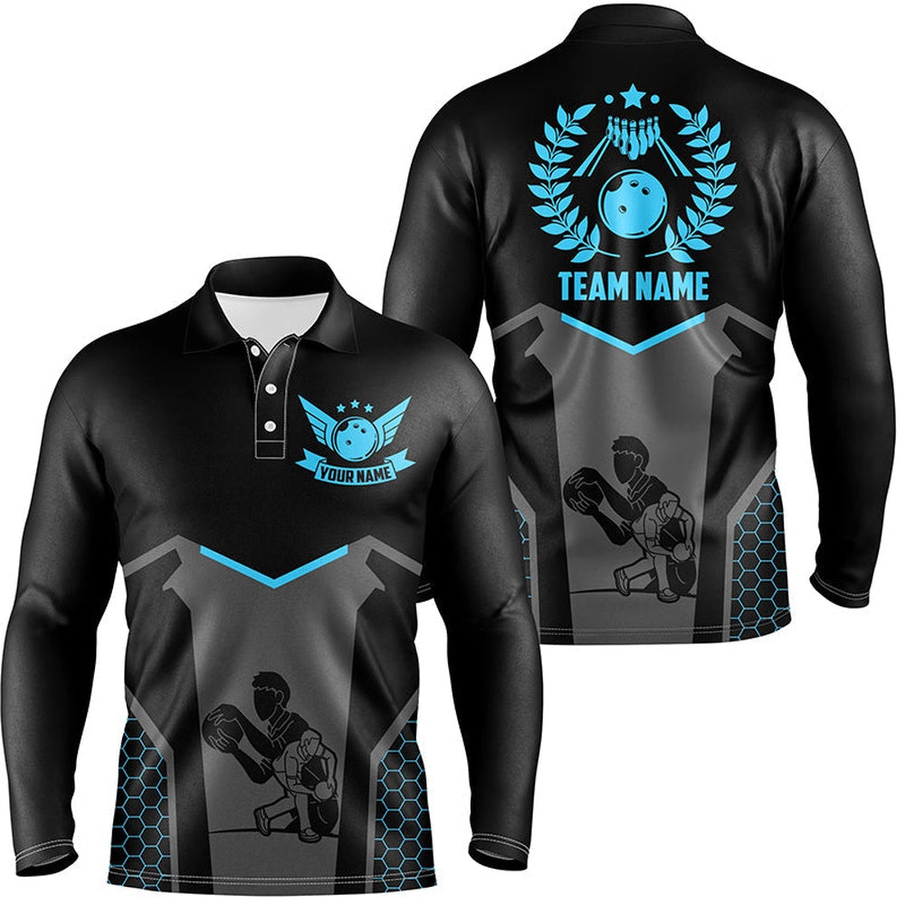 Custom Bowling Polo Shirts, Black Bowling Jersey For Men Custom Retro Bowling Shirts For Team Bowlers Blue