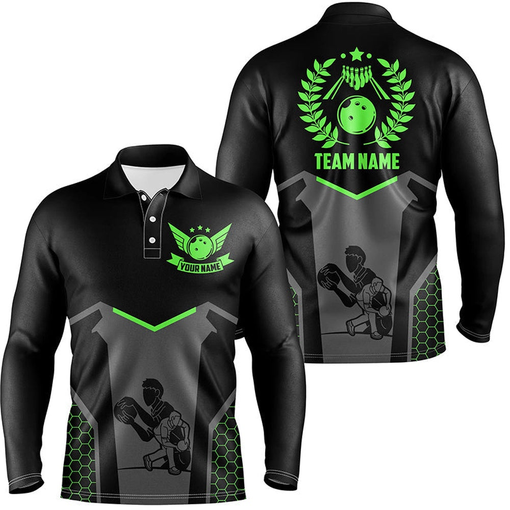 Custom Bowling Polo Shirts, Black Bowling Jersey For Men Custom Retro Bowling Shirts For Team Bowlers Green