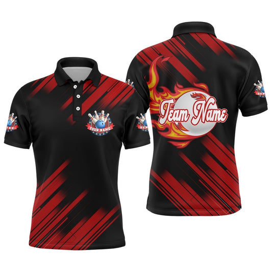 Custom Bowling Polo Shirts, Black Bowling Polo Shirt For Men Custom Flame Bowling Jersey Team Bowling Shirt
