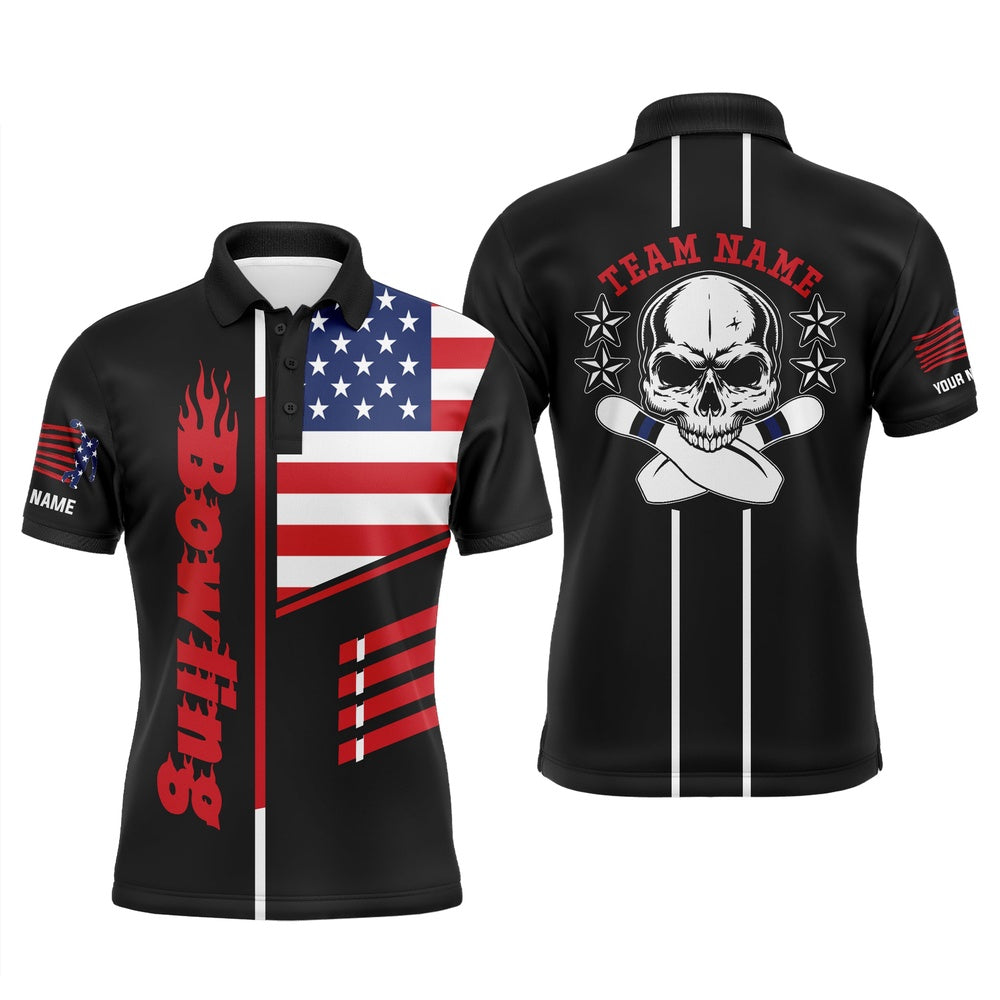Custom Bowling Polo Shirts, Black Bowling Polo Shirt Mens Bowling Jerseys Personalized American Flag Skull Bowling Team Shirts