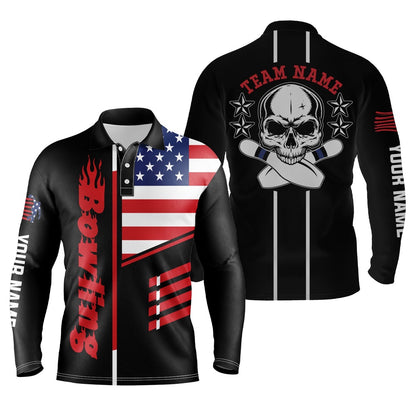 Custom Bowling Polo Shirts, Black Bowling Polo Shirt Mens Bowling Jerseys Personalized American Flag Skull Bowling Team Shirts