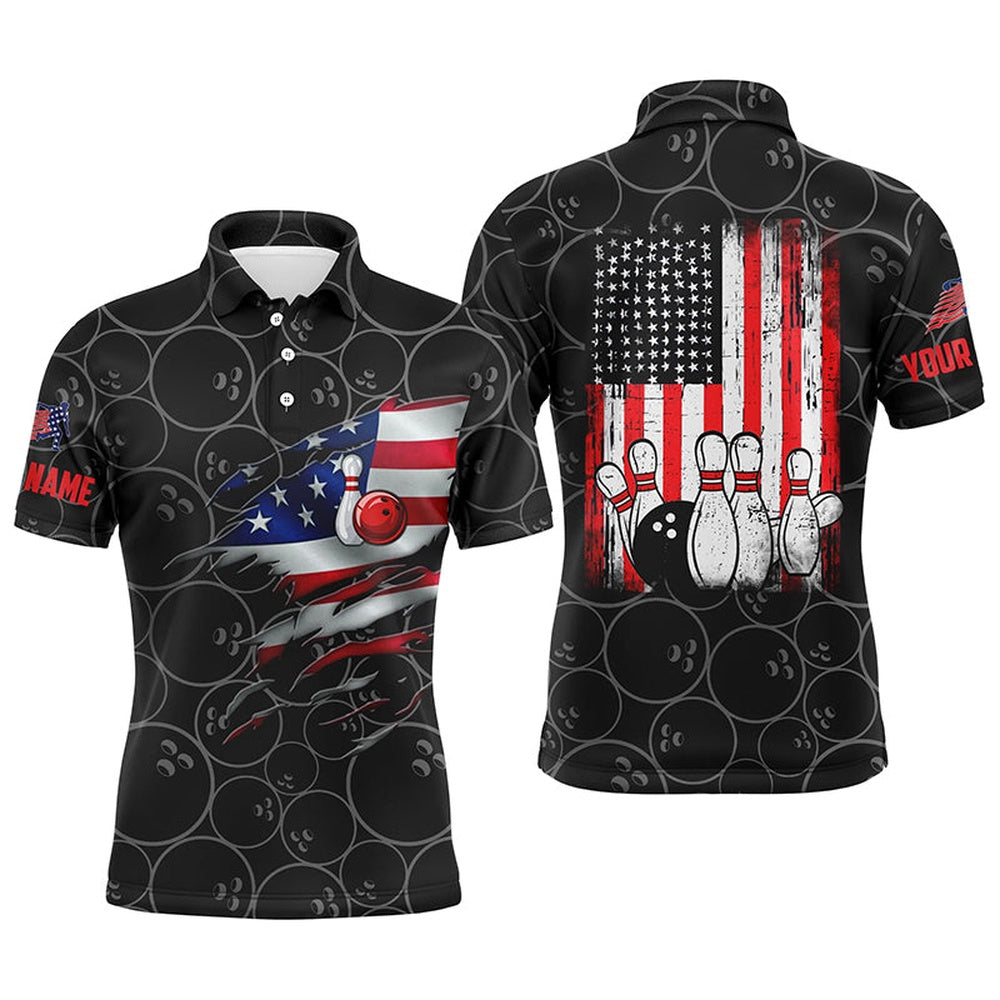 Custom Bowling Polo Shirts, Black Bowling Polo Shirts For Men Custom Name Vintage American Flag Bowling Jerseys