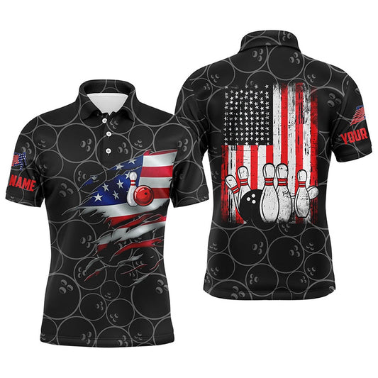 Custom Bowling Polo Shirts, Black Bowling Polo Shirts For Men Custom Name Vintage American Flag Bowling Jerseys