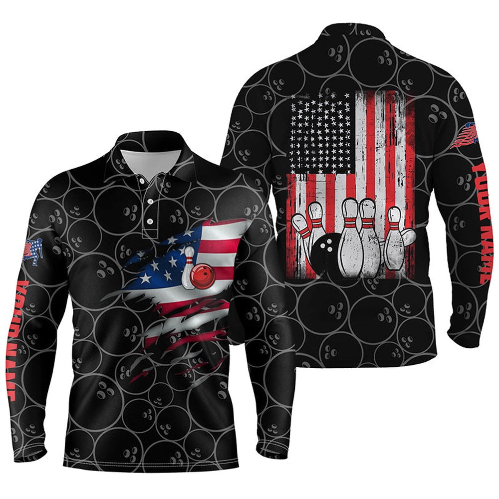 Custom Bowling Polo Shirts, Black Bowling Polo Shirts For Men Custom Name Vintage American Flag Bowling Jerseys