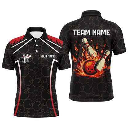 Custom Bowling Polo Shirts, Black Camo Bowling League Jerseys For Men Custom Retro Flame Bowling Shirts For Team Bowlers Red