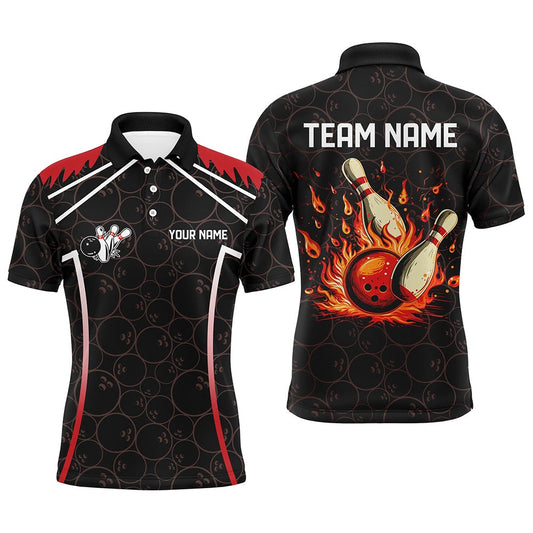Custom Bowling Polo Shirts, Black Camo Bowling League Jerseys For Men Custom Retro Flame Bowling Shirts For Team Bowlers Red