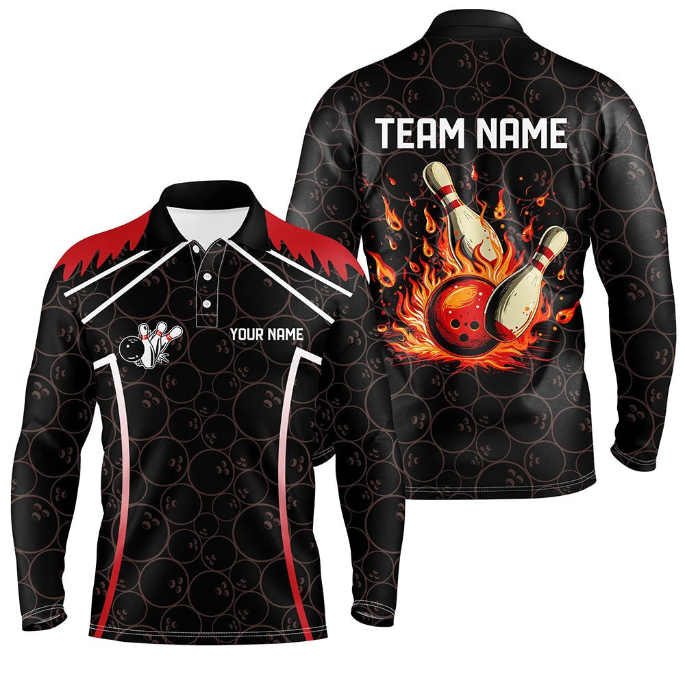 Custom Bowling Polo Shirts, Black Camo Bowling League Jerseys For Men Custom Retro Flame Bowling Shirts For Team Bowlers Red