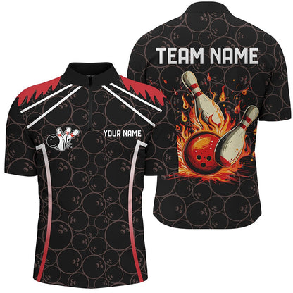 Custom Bowling Polo Shirts, Black Camo Bowling League Jerseys For Men Custom Retro Flame Bowling Shirts For Team Bowlers Red