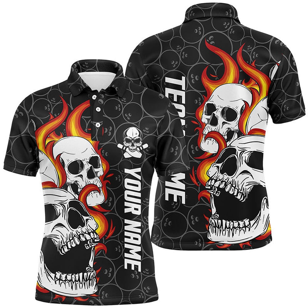 Custom Bowling Polo Shirts, Black Camo Bowling Polo Shirts For Men Custom Flame Skull Bowling Team League Jerseys
