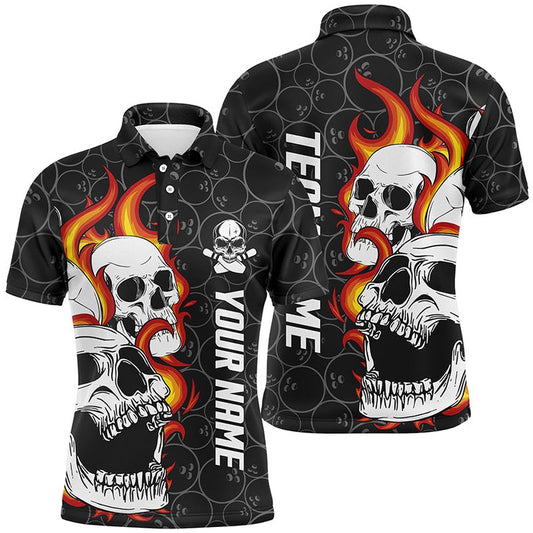 Custom Bowling Polo Shirts, Black Camo Bowling Polo Shirts For Men Custom Flame Skull Bowling Team League Jerseys
