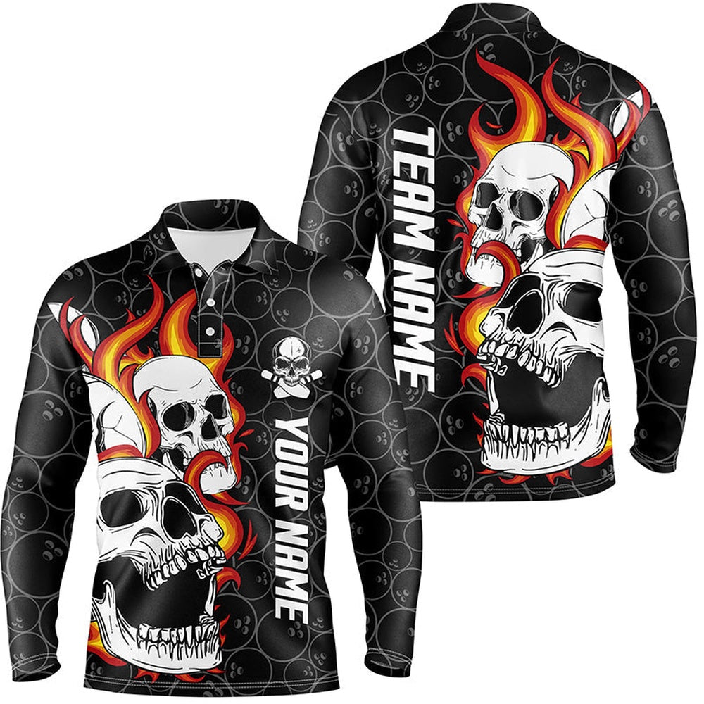 Custom Bowling Polo Shirts, Black Camo Bowling Polo Shirts For Men Custom Flame Skull Bowling Team League Jerseys