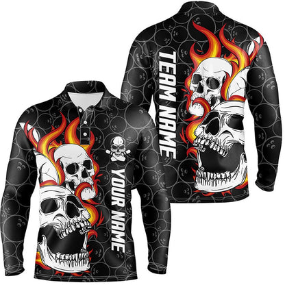 Custom Bowling Polo Shirts, Black Camo Bowling Polo Shirts For Men Custom Flame Skull Bowling Team League Jerseys