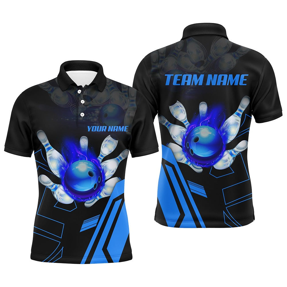 Custom Bowling Polo Shirts, Black Flame Bowling Ball And Pins Jerseys Custom Team League Bowling Polo Shirts For Men Blue