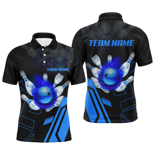 Custom Bowling Polo Shirts, Black Flame Bowling Ball And Pins Jerseys Custom Team League Bowling Polo Shirts For Men Blue