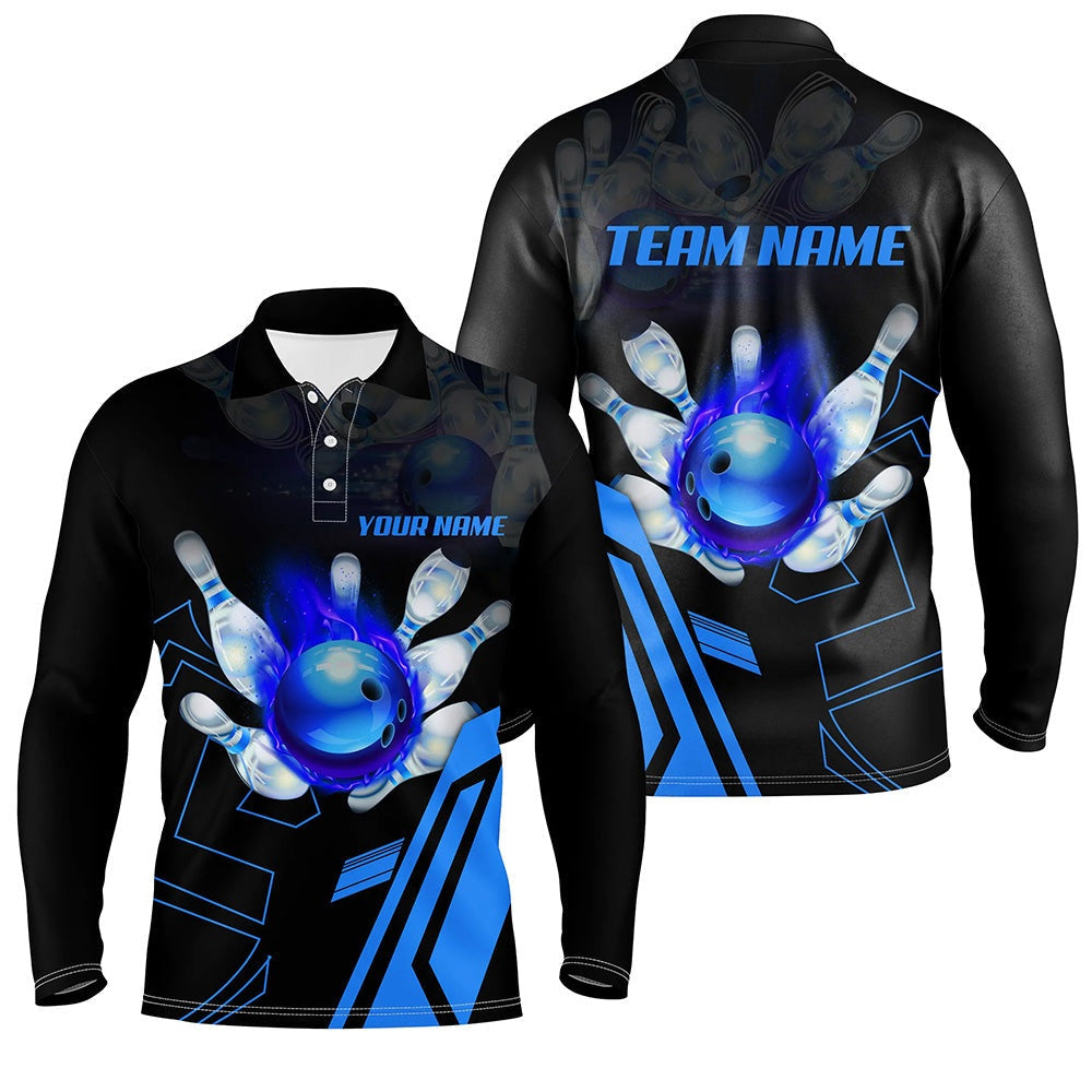 Custom Bowling Polo Shirts, Black Flame Bowling Ball And Pins Jerseys Custom Team League Bowling Polo Shirts For Men Blue