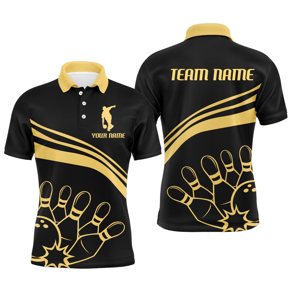 Custom Bowling Polo Shirts, Black&Gold Bowling Polo Shirt For Men Custom Bowling Jersey Vintage Bowling Team League Shirt