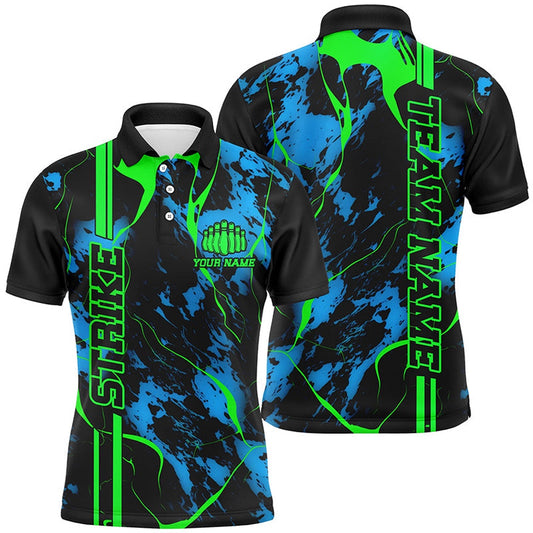 Custom Bowling Polo Shirts, Black, Green And Blue Strike Bowling Polo Shirts, Custom Mens Bowling Team Shirts Bowling Jerseys