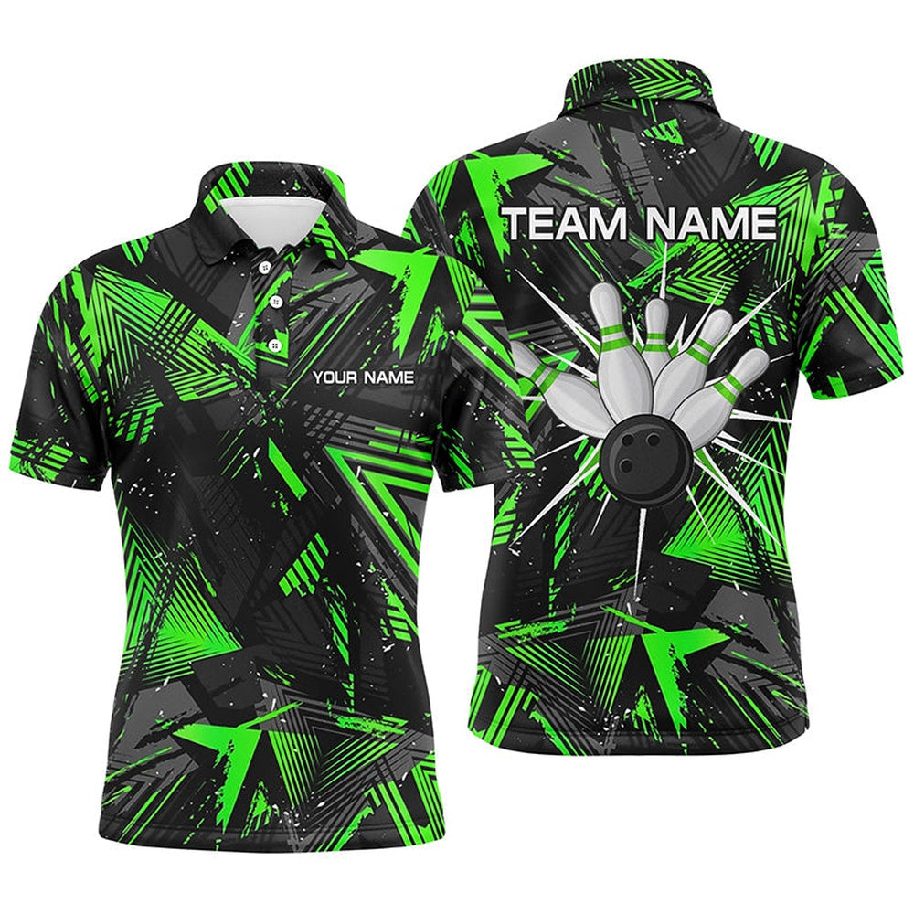 Custom Bowling Polo Shirts, Black Green Camo Bowling Polo Shirt For Men, Personalized Bowling Team Shirts Jerseys