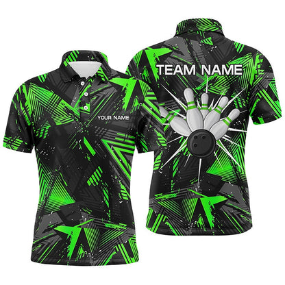 Custom Bowling Polo Shirts, Black Green Camo Bowling Polo Shirt For Men, Personalized Bowling Team Shirts Jerseys