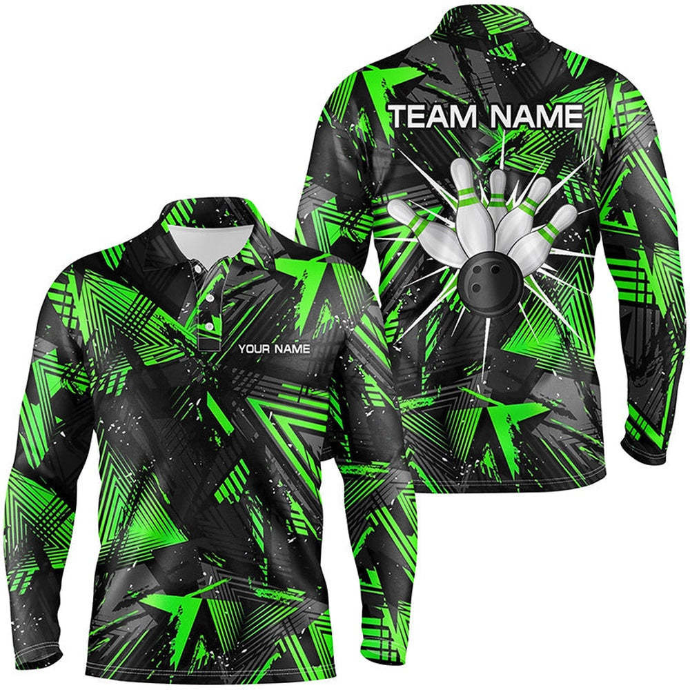 Custom Bowling Polo Shirts, Black Green Camo Bowling Polo Shirt For Men, Personalized Bowling Team Shirts Jerseys