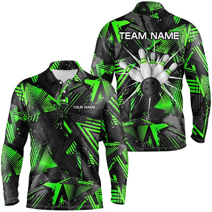 Custom Bowling Polo Shirts, Black Green Camo Bowling Polo Shirt For Men, Personalized Bowling Team Shirts Jerseys
