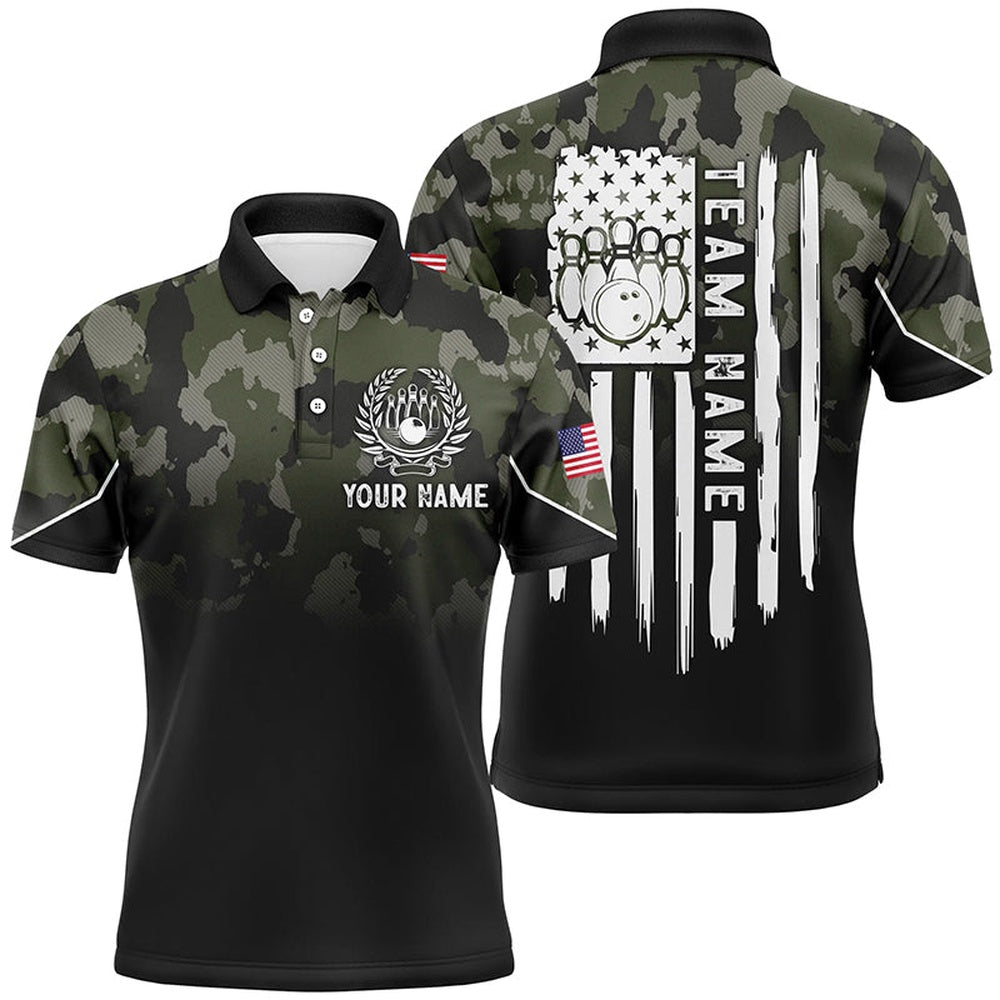 Custom Bowling Polo Shirts, Black Green Camo Mens Polo Bowling Shirts Custom American Flag Patriotic Bowling Team League Jerseys