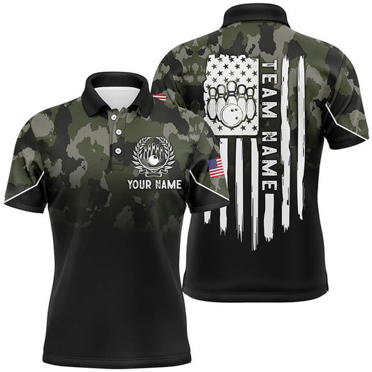 Custom Bowling Polo Shirts, Black Green Camo Mens Polo Bowling Shirts Custom American Flag Patriotic Bowling Team League Jerseys