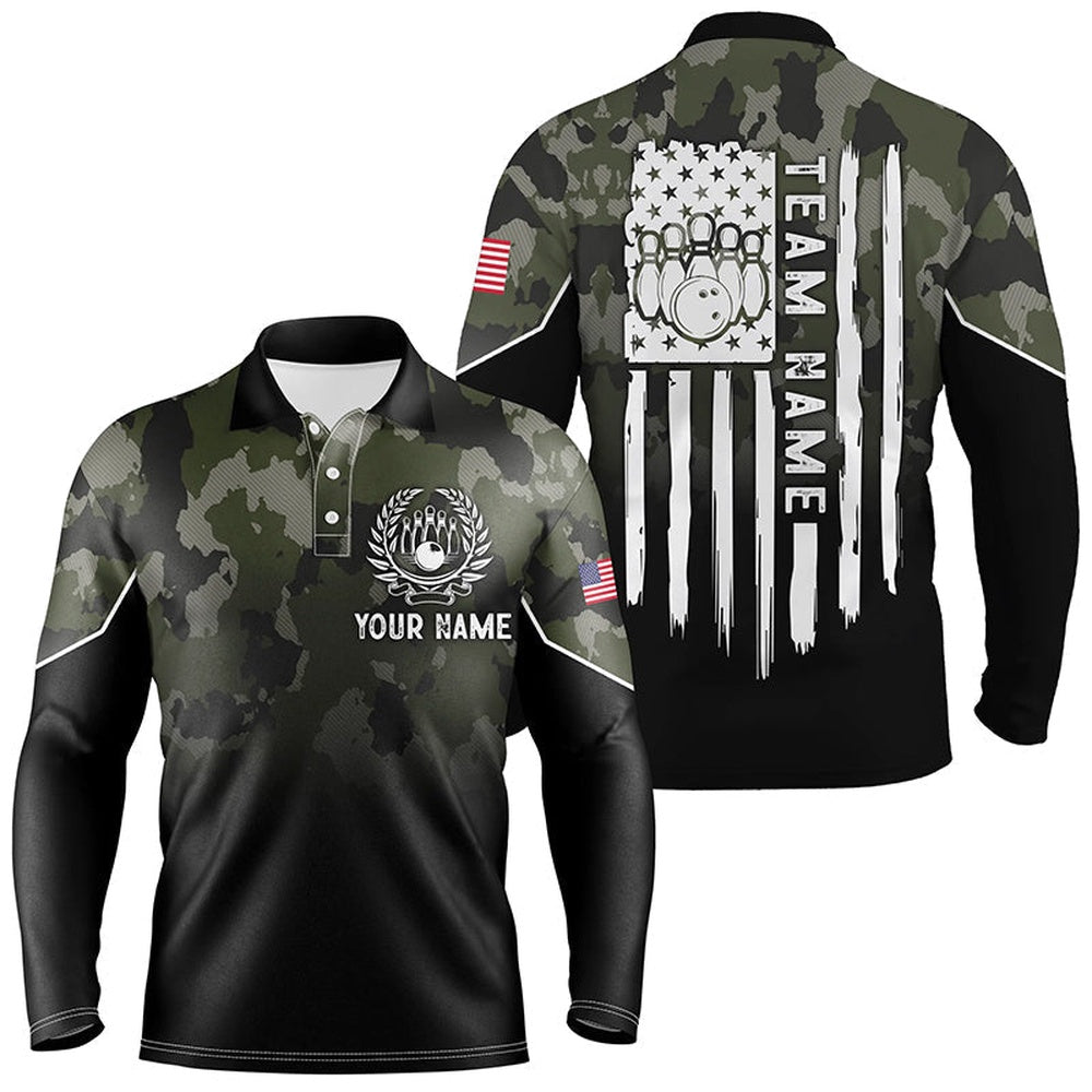 Custom Bowling Polo Shirts, Black Green Camo Mens Polo Bowling Shirts Custom American Flag Patriotic Bowling Team League Jerseys