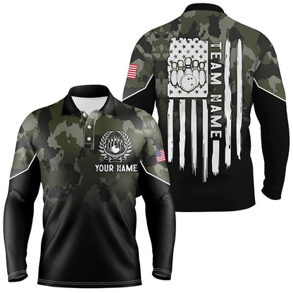 Custom Bowling Polo Shirts, Black Green Camo Mens Polo Bowling Shirts Custom American Flag Patriotic Bowling Team League Jerseys