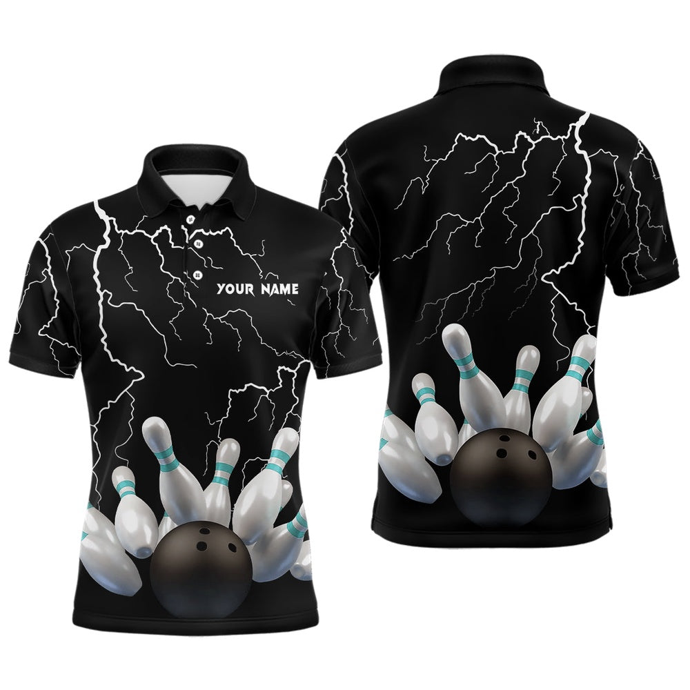 Custom Bowling Polo Shirts, Black Lightning Thunder Custom Men Bowling Polo Shirt Bowling Ball Pins Team Jerseys