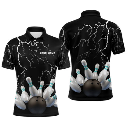 Custom Bowling Polo Shirts, Black Lightning Thunder Custom Men Bowling Polo Shirt Bowling Ball Pins Team Jerseys