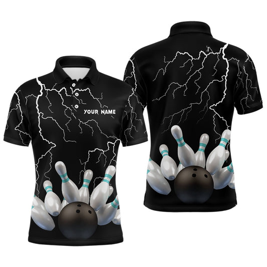 Custom Bowling Polo Shirts, Black Lightning Thunder Custom Men Bowling Polo Shirt Bowling Ball Pins Team Jerseys
