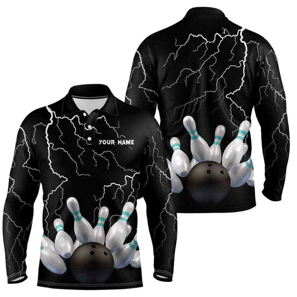 Custom Bowling Polo Shirts, Black Lightning Thunder Custom Men Bowling Polo Shirt Bowling Ball Pins Team Jerseys