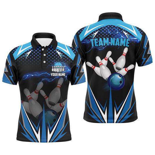 Custom Bowling Polo Shirts, Black Men Bowling Polo Shirt Custom Blue Lightning Team Mens Bowlers Jerseys Bowling Outfits