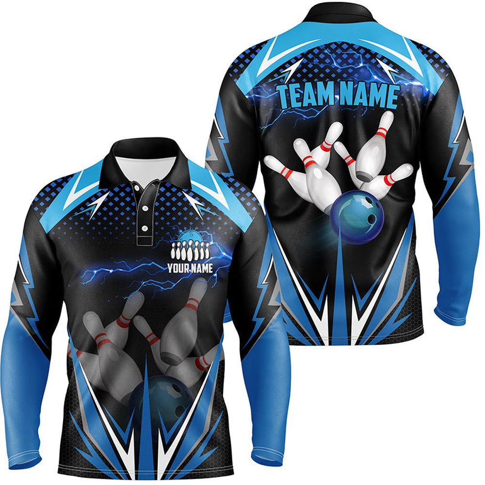 Custom Bowling Polo Shirts, Black Men Bowling Polo Shirt Custom Blue Lightning Team Mens Bowlers Jerseys Bowling Outfits