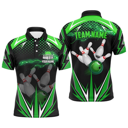 Custom Bowling Polo Shirts, Black Men Bowling Polo Shirt Custom Green Lightning Team Mens Bowlers Jerseys Bowling Outfits