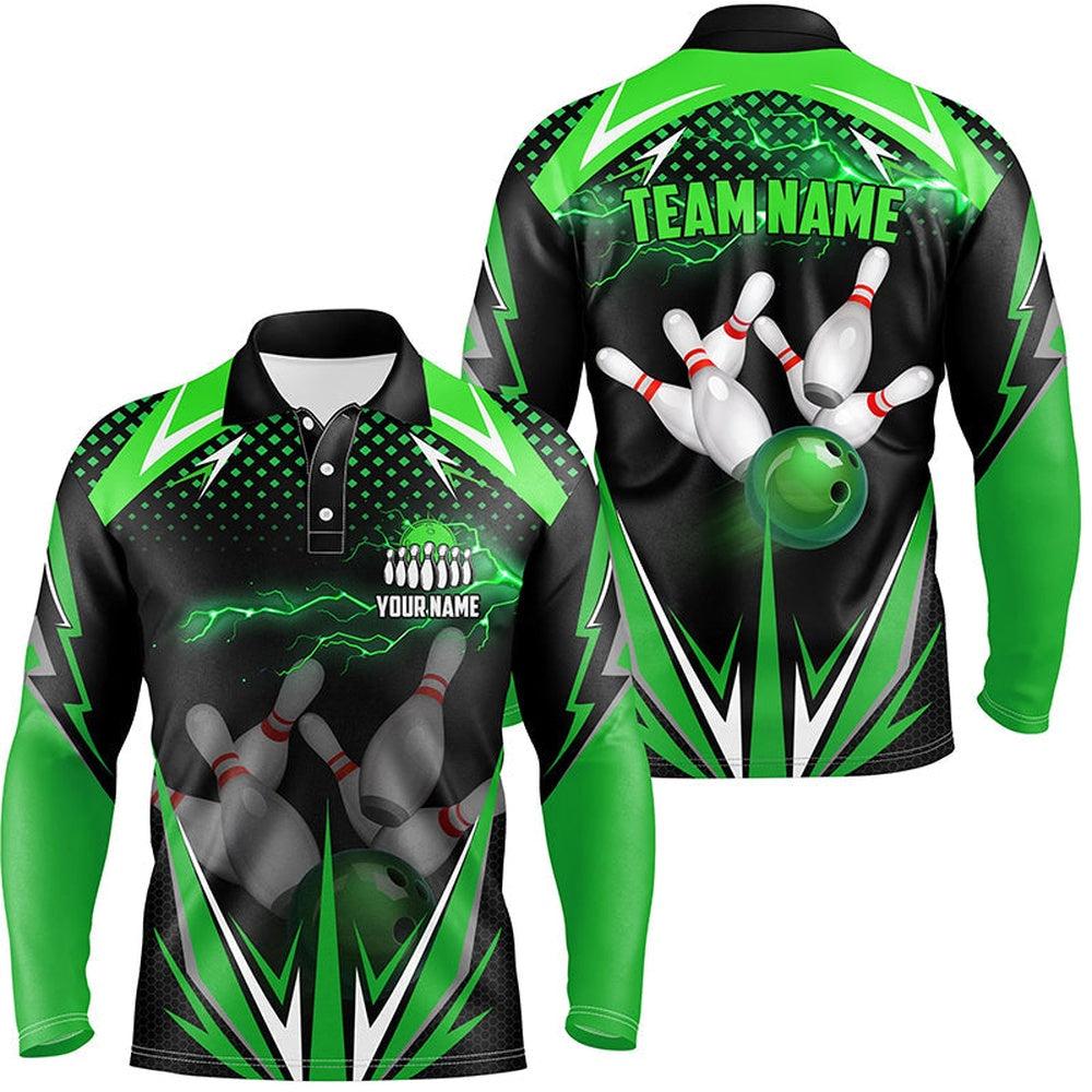 Custom Bowling Polo Shirts, Black Men Bowling Polo Shirt Custom Green Lightning Team Mens Bowlers Jerseys Bowling Outfits
