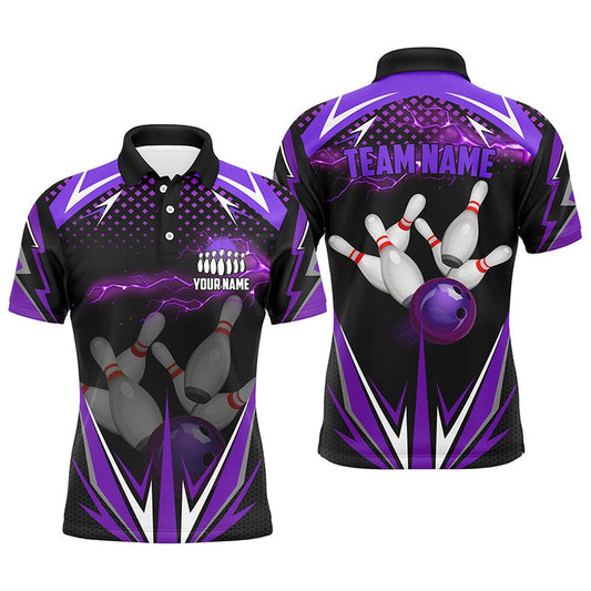 Custom Bowling Polo Shirts, Black Men Bowling Polo Shirt Custom Purple Lightning Team Mens Bowlers Jerseys Bowling Outfits