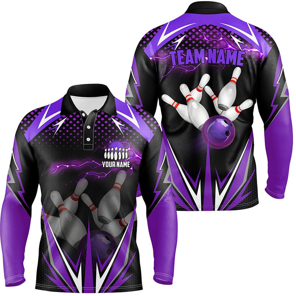 Custom Bowling Polo Shirts, Black Men Bowling Polo Shirt Custom Purple Lightning Team Mens Bowlers Jerseys Bowling Outfits