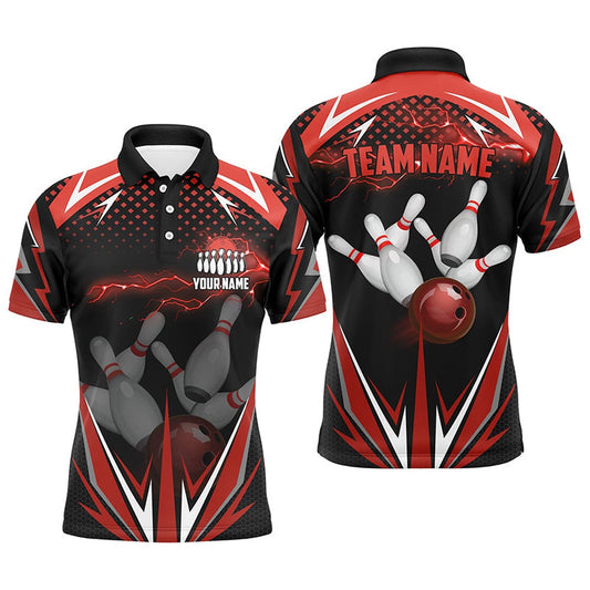 Custom Bowling Polo Shirts, Black Men Bowling Polo Shirt Custom Red Lightning Team Mens Bowlers Jerseys Bowling Outfits