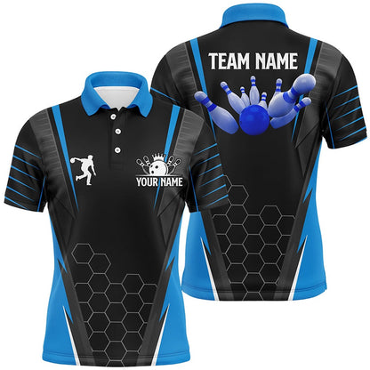 Custom Bowling Polo Shirts, Black Men'S Bowling Polo Shirt Custom Name Mens Bowlers Jersey, Team Bowling Outfits Blue