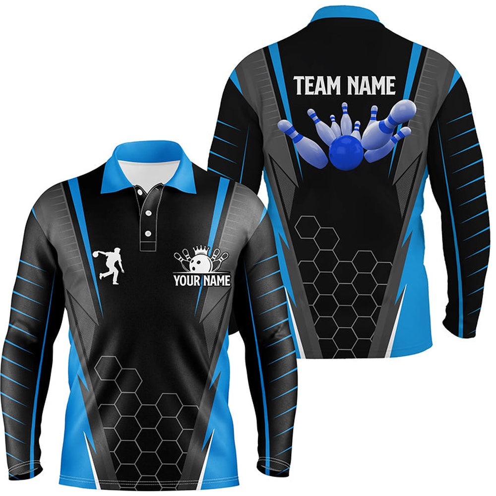 Custom Bowling Polo Shirts, Black Men'S Bowling Polo Shirt Custom Name Mens Bowlers Jersey, Team Bowling Outfits Blue